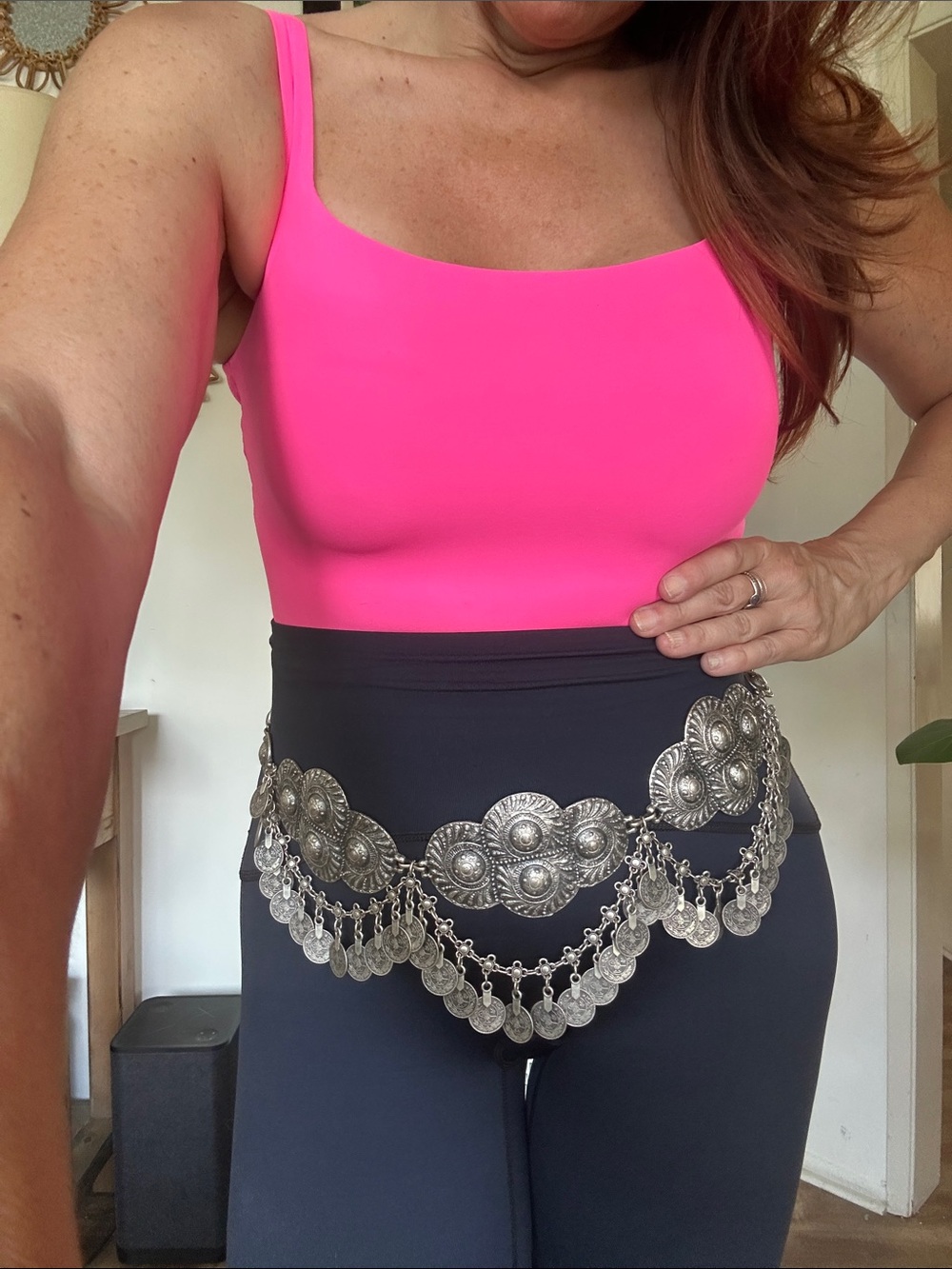 Boho Silver Coin Chain Hip Belt with Hot Pink Accent